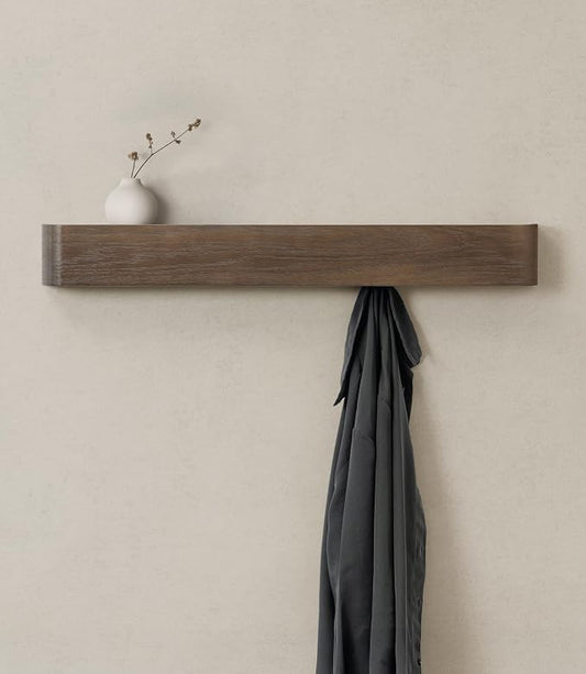 Kazai. Wall-Mounted Coat Rack 'Toke' - Modern Design Coat Rack with Hidden Wall Hooks - Solid Wood Veneer Panel Coat Hanger - Oak, Dark by KAZAI