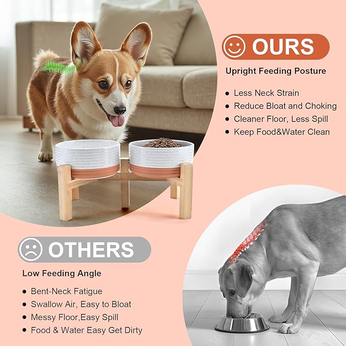 SPUNKYJUNKY Elevated Dog Bowls Ceramic, 6.1'' Dogs and Cat Food Water Bowls Raised with Non-Slip Bamboo Stand for Medium Sized Breed Microwave Dishwasher Safe - 28.7 OZ,Pattern White - Image 3