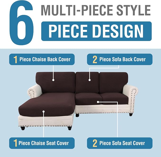 H.VERSAILTEX Sectional Couch Covers 6 Pieces Stretch Sofa Covers for Sectional Sofa Set Separate L Shaped Couch Cover for Both Left/Right Couch (Seat and Back: 1 Chaise + 2 Sofa, Chocolate) - Image 3