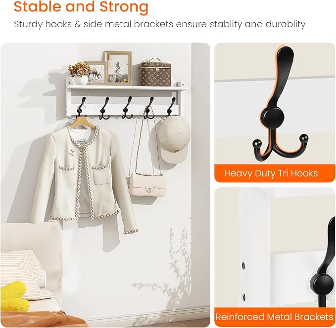 Homode Wall Shelf with Hooks, 24 Inch Coat Rack with Tri Hooks | Farmhouse Entryway Floating Coat Hanger with Storage for Bathroom, Entry Way, Mudroom, White - Image 4