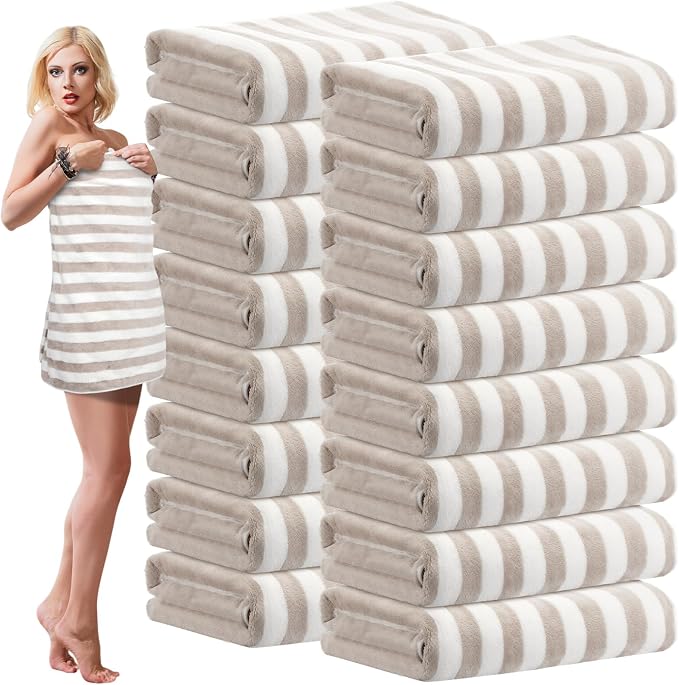 SmoothNovelty 16 Pack Microfiber Bath Towels Bulk 27'' x 60'' Oversized Size Bath Towel Highly Absorbent Extra Large Soft Drying for Beach Shower Summer Salon Sport Gym Party (Stripes,Brown) by SmoothNovelty