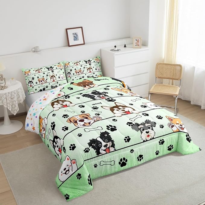 Manfei Cute Dogs Comforter Set King Size,Dogs Footprint Kawaii Green Down Alternative Adults Bedroom Decor,Cartoon Puppy Pet Animals Ultra Soft Microfiber Inner Fill 3Pcs Bedding - Image 4