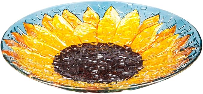 Evergreen Garden 18" Glass Bird Bath Bowl for Outdoors | Hand Painted Glass | Embossed Shape | Bowl Only - no Stand Included | Summer Sunfloweres Fade and Weather Resistant Outdoor Decoration by EvergreenGarden