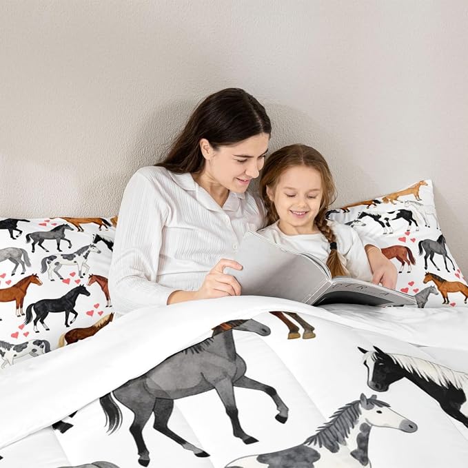 Erosebridal Kawaii Comforter Horse Comforter Set Queen Farm Bedding Set Kids Boys Girls Cute Animal Duvet Set Cartoon Horses with Pink Lover Heart Room Decor Duvet Set Cowboy Cowgirls Comforter Set - Image 5