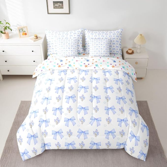 Erosebridal Bow 7 Piece Comforter Set King Bed in a Bag for Girls Kids,Girly Blue Floral Coquette Bedding Sets for Child Bow Knot Ribbon Heart Quilt Dreamy Princess Style Sheet Set with Comforter - Image 2