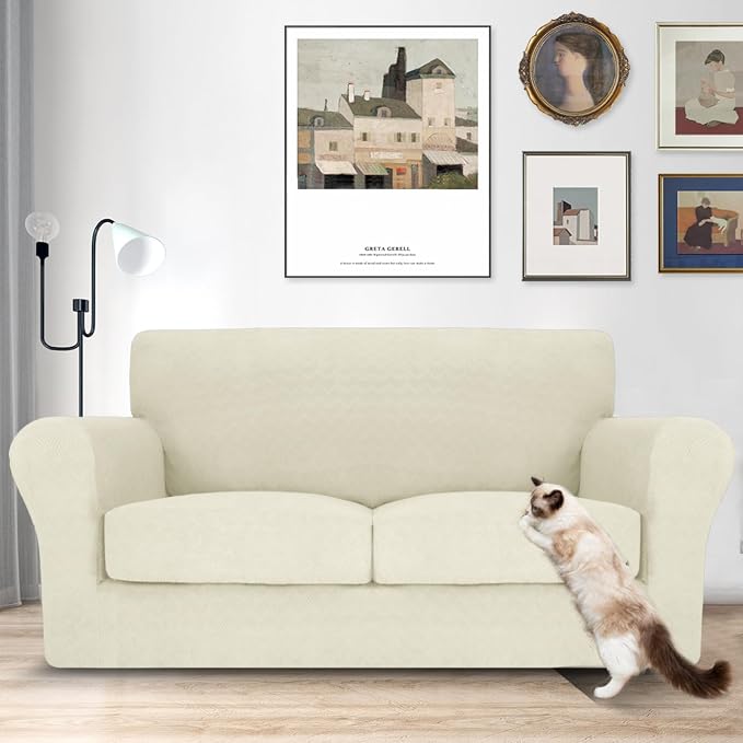 MAXIJIN 3 Piece Couch Covers for 2 Cushion Couch loveseat Cover, Stretch Love Seat Sofa Slipcovers for Dogs Pet, Thick Furniture Protector with 2 Seat Cushion (55"-69", Beige) - Image 2