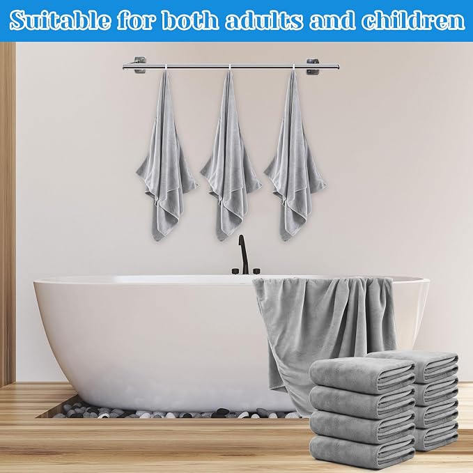 SmoothNovelty 16 Pack Microfiber Bath Towels Bulk 27'' x 60'' Oversized Beach Towel Highly Absorbent Extra Large Soft Drying for Shower Pool Salon Sauna Bathroom Gym Party (Simple,Light Grey) - Image 6
