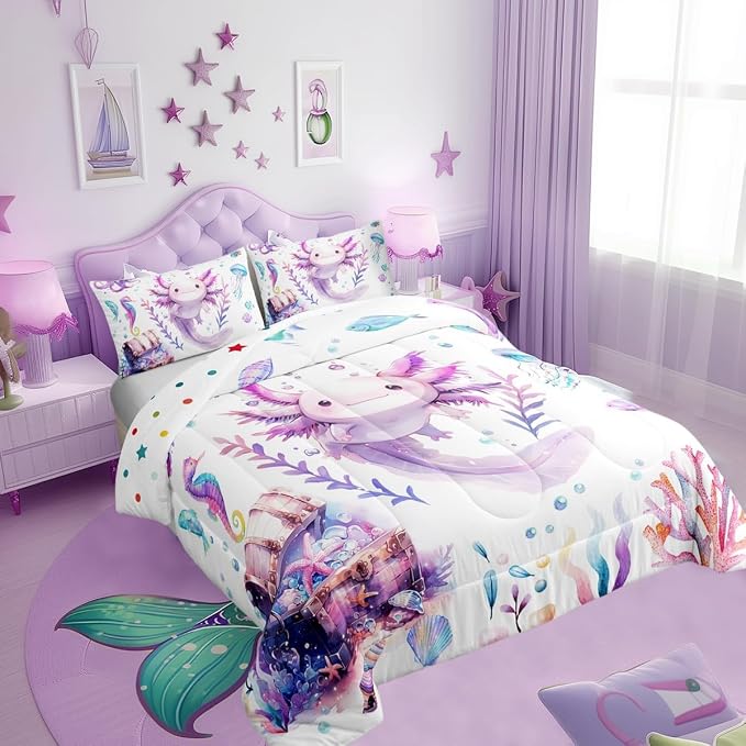 Manfei Cute Axolotl 3 Pcs King Size Comforter Set,Coral Underwater World Down Alternative Adults Bedroom Decor,Kids Salamander Animals Ultra Soft Microfiber Inner Fill 3Pcs Bedding - Image 2