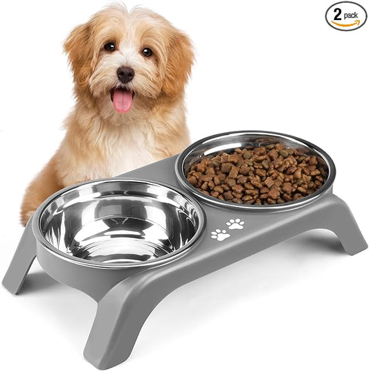 Elevated Dog Bowls for Small Dogs, 3” High Raised Dog Bowl Stand with Dual 5” Stainless Steel Bowls Non-Slip Pet Feeder for Puppy and Cats, Dishwasher Safe, Grey by COMESOON