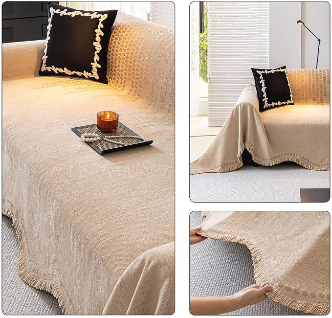 ROOMLIFE Khaki Sofa Cover, Vintage Boho Couch Cover for 3 Cushion Sofa, Non Slip Soft Chenille Sofa Slipcovers for Dog, Washable Furniture Sofa Protector Cover with Tassel for Living Room, 71''X150” - Image 4
