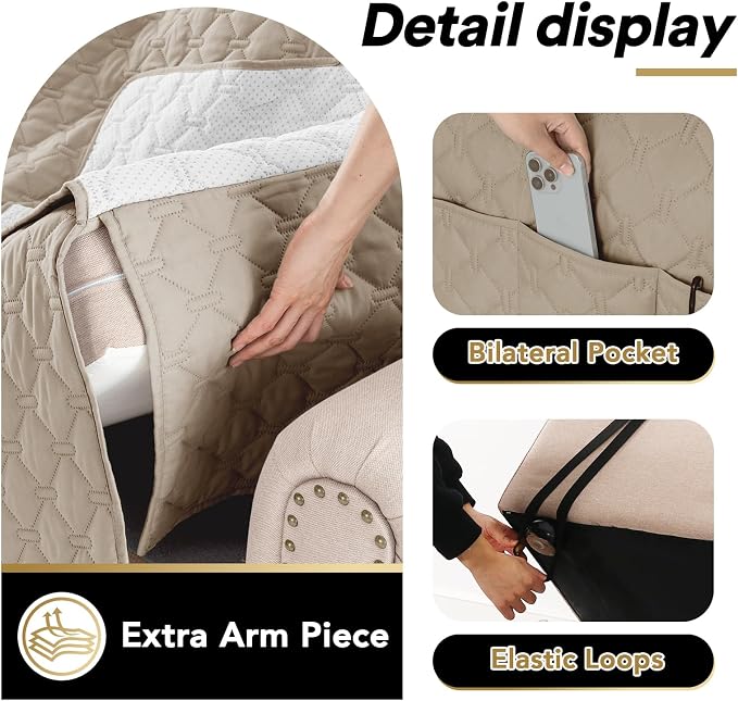 PrinceDeco Sofa Cover Couch Cover for 3 Cushion Couch Water Resistant Sofa Cover for Living Room Quilted Furniture Couch Cover Washable Couch Protector Width Up to 78"(Oversized Sofa, Taupe) - Image 5
