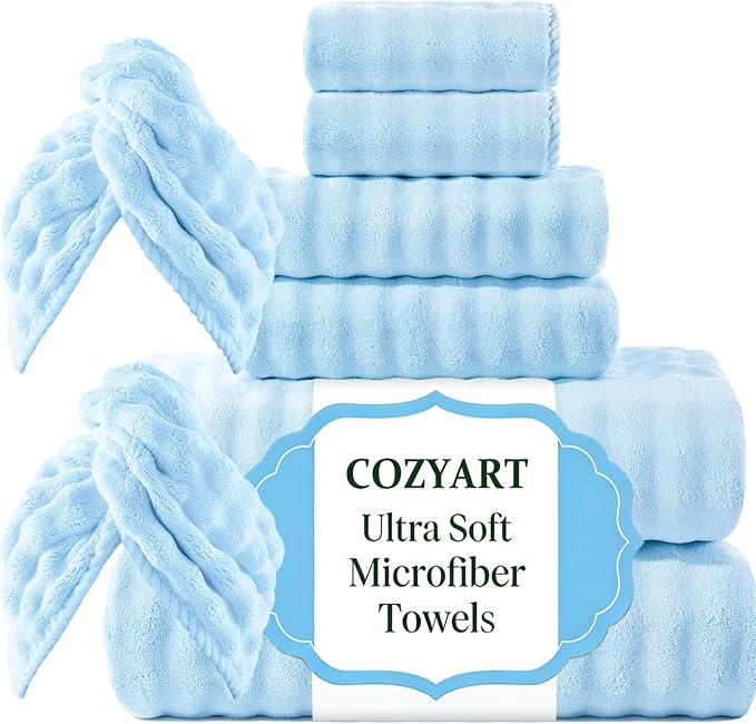 COZYART Lint Free 8 Pcs Bathroom Towel Set Ultra Soft Microfiber Light Blue | Fluffy, Thick, Highly Absorbent, Fast Dry, No Shedding, No Pilling, Fade Resistant, Durable, Long-lasting by COZYART