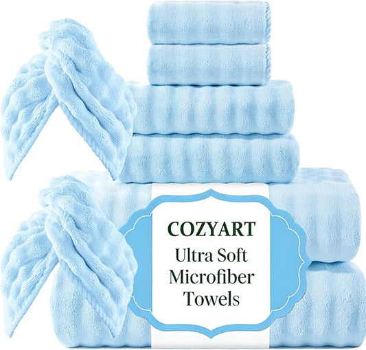 COZYART Lint Free 8 Pcs Bathroom Towel Set Ultra Soft Microfiber Light Blue | Fluffy, Thick, Highly Absorbent, Fast Dry, No Shedding, No Pilling, Fade Resistant, Durable, Long-lasting by COZYART