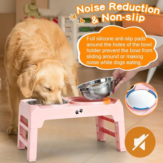 COMESOON Elevated Dog Bowls, 4 Height Adjustable Raised Bowl Stand with 2 Thick 50oz Stainless Steel Food Bowls Non-Slip Feeder Adjusts to 3.7'', 9.2'', 10.75'', 12.36'' Pink - Image 5