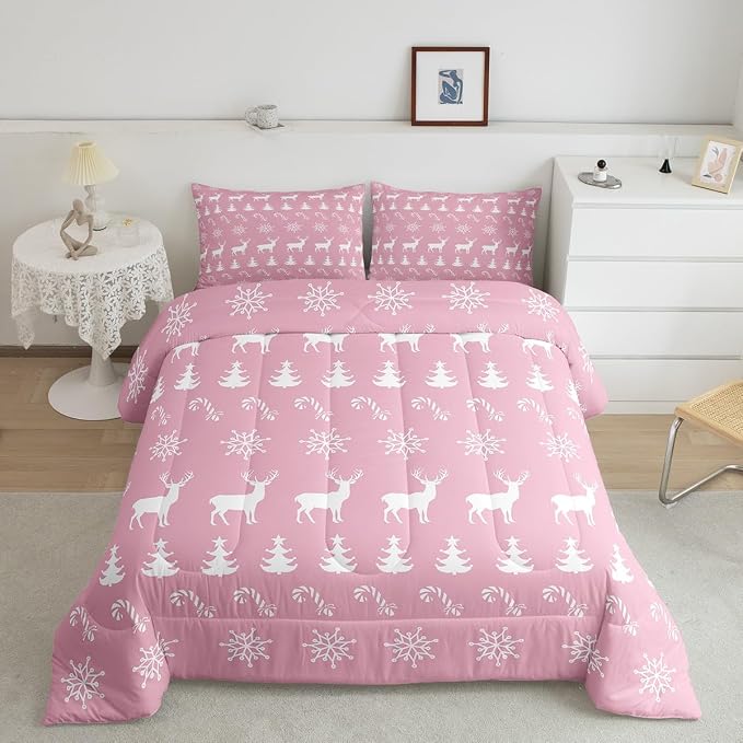 Erosebridal Christmas Full Bedding Set 7 Piece,Xmas Elk Deer Bed in A Bag,Candy Snowflake Comforter Set Pine Tree Woodland Animals Sheet Set with Comforter,Pink Christmas Decoration - Image 2