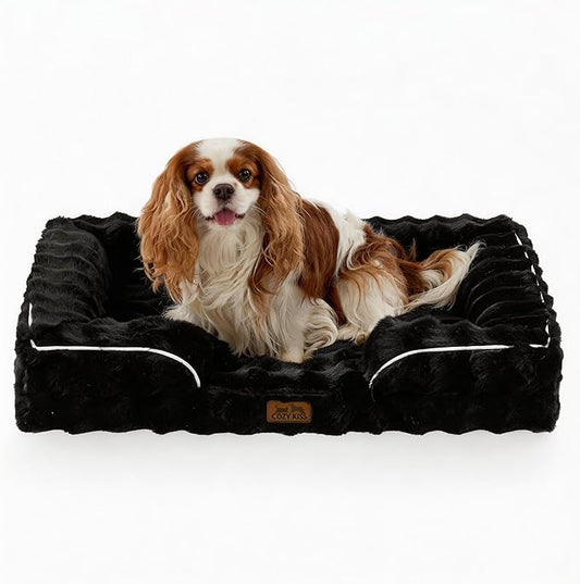 COZY KISS Orthopedic Dog Bed for Medium Small Size Dog, Soft and Warm Faux Fur Sofa for Pet Up to 40 lbs, Foam Bolster Anti-Slip Couch with Washable Removable Cover, M 30x20x6.5 inch, Black by COZYKISS