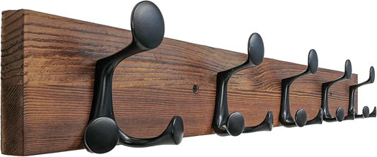 SKOLOO 30-Inch Wood Coat Rack Wall Mount with 5 Triple Hooks - Ideal for Family Entrances, Classrooms, and Pet Supplies Storage - Perfect Coat Hooks for Wall,Charred Golden Brown by SKOLOO
