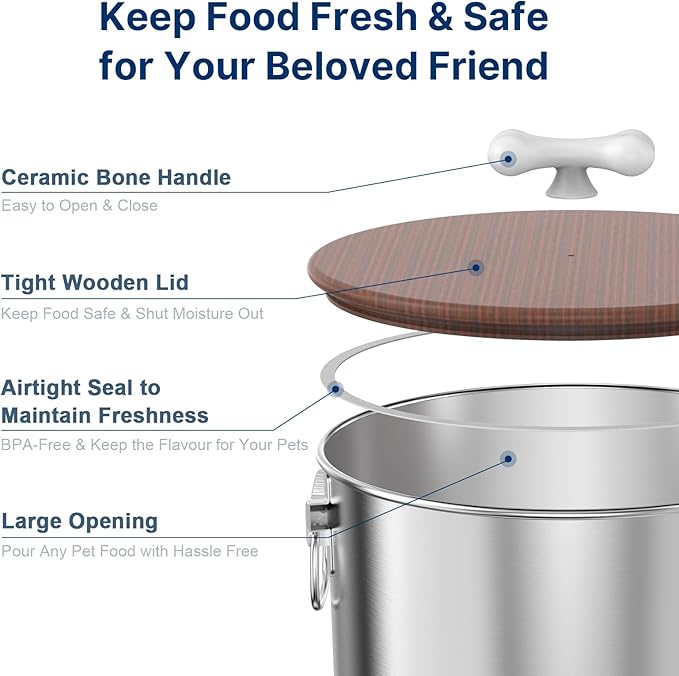 Paw Libero 25 Lbs Stainless Steel Dog Food Storage Container with Airtight Wooden Lid & Ceramic Bone Handle, Large Metal Dog Food Bin for Dogs & Cats, Keep Fresh, Easy to Clean - Image 4