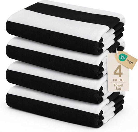 Touchat 4 Pack Beach Towels Oversized 30'' x 60'' Microfiber Pool Swim Bath Camping Travel Cabana Stripe Quick-Dry Super Absorbent Lightweight Sand Free Towel for Adults, Multi-Functional，Black by TOUCHAT
