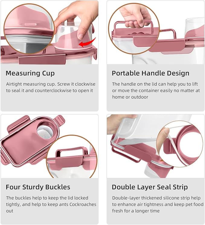 LEAWALK 5Lbs Airtight Pet Storage Container For Cat Dog Bird Food and Keep Fresh, Translucent Body, Upgraded Large Nozzle for Easy Pouring With Handle Design Easy to Carry When Going Rose pink 2pack - Image 4