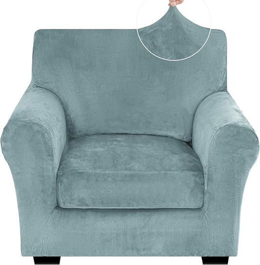 XINEAGE 2-Piece Velvet Armchair Sofa Cover, Couch Covers for Dog,Gray Blue | 1 Cushion Chair,Stretch Non-slip Elastic, Pet-friendly, Washable, Fast Setup, Soft Plush Fabric, Furniture Protector. by XINEAGE