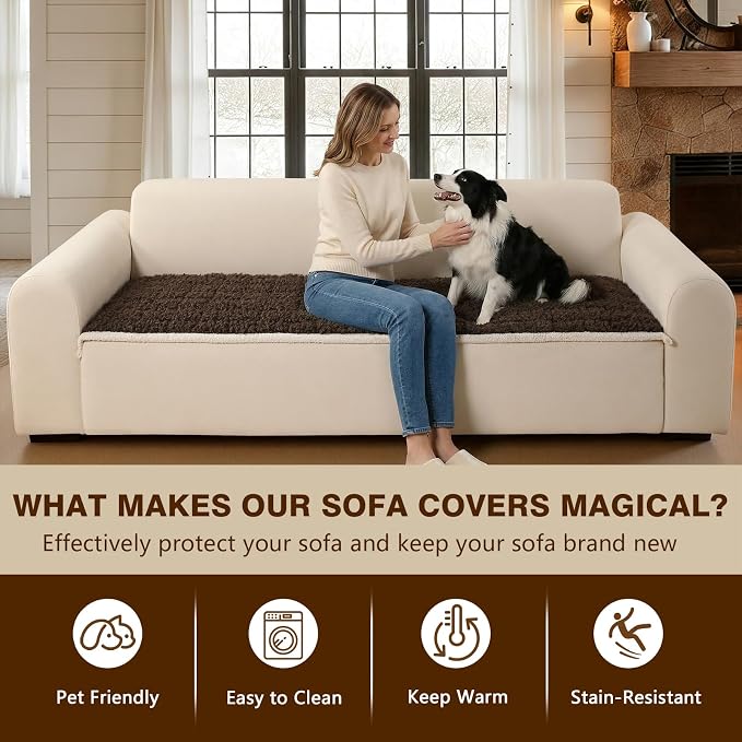 OHSIO Couch Cover for Pets, Washable Non-Slip Sofa Cover Pet Friendly, Soft Fuzzy Teddy Fleece Sofa Slipcover for 2 Cushion Sofa Furniture Protector (Brown, 27.6" x 59") - Image 7