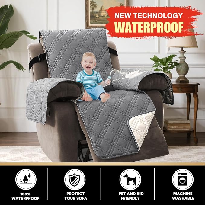 PrinceDeco Recliner Cover 100% Waterproof Couch Cover Sofa Cover for Living Room Water Resistant Furniture Protector with Elastic Straps for Pets Dog(Recliner28,Grey) - Image 3