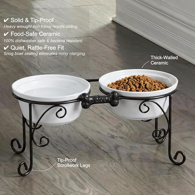 Elevated Dog Bowl Stand with 3 Large Ceramic Bowls – Raised Feeding Station for Medium & Large Dogs, Includes 2 Standard Bowls + 1 Slow Feeder, Durable Iron Frame, Non-Slip (White) - Image 4
