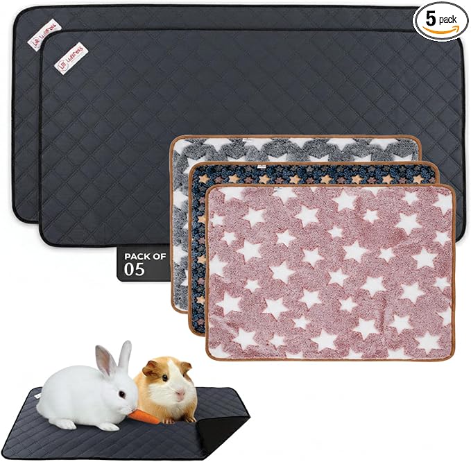 LUFTPETS Guinea Pig Cage Liners 5 Pcs, Washable Midwest Pads & Fleece Mats | 2 Bunny Pee Pads 47x24 and 3 Fleece Blankets. Hay Shakes Off. Non-Slip. Waterproof Bedding by LuftPets