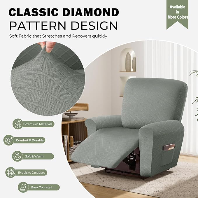 vctops Diamond Recliner Cover 4-Pieces Recliner Stretch Sofa Slipcover 1 Seater Couch Protector Soft Solid Furniture Protector Covers with Elastic Strap (Greyish Green,1 Seat) - Image 3