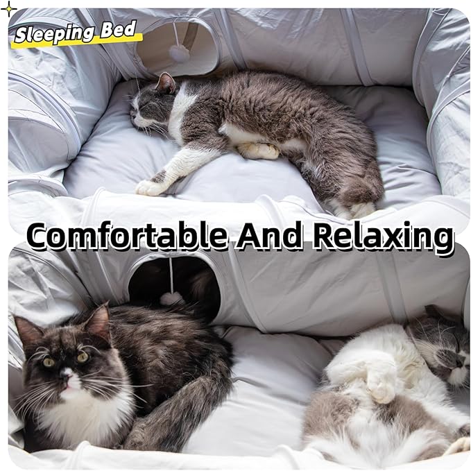 XxingSheep 4 Ways Shuttled XL Cat Tunnel Bed for Indoor Cats Peekaboo Cat Cave Donut with Cool Mat - Image 3