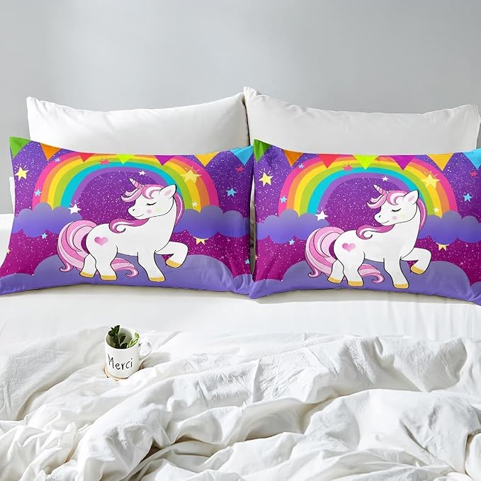 Erosebridal Girls Unicorn Comforter Set King Bedding Cute Rainbow Print Down Kids Cartoon Kawaii Duvet Galaxy Stars Fantasy Room Decor Children Reversible Purple, (JCXS7815HJF-BZ_USk) - Image 5