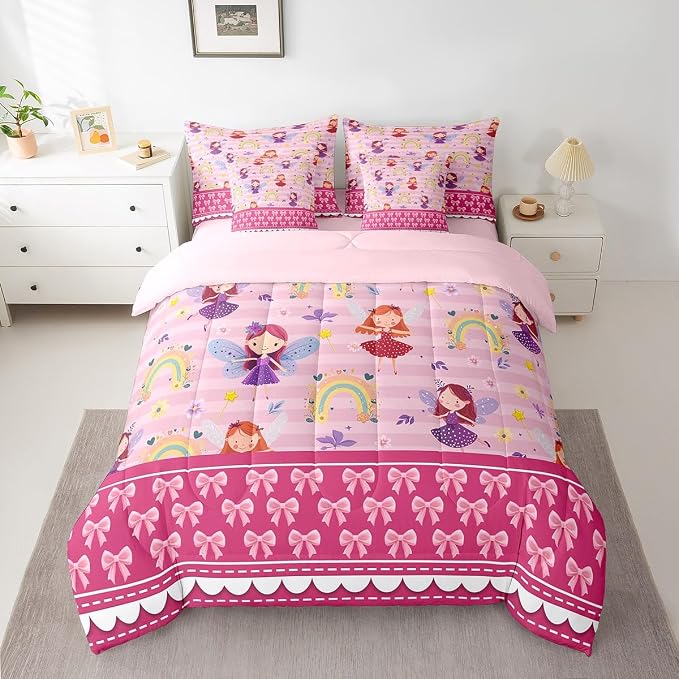 Erosebridal 7 Piece Magical Princess Kids Comforter Set Full Bed in a Bag,Rainbow Girls Bedding Set for Child,Dreamy Pink Bowknot Sheet Set,Girly Cute Bow Bed Set,Pale Pink Stripes Duvet Insert - Image 2