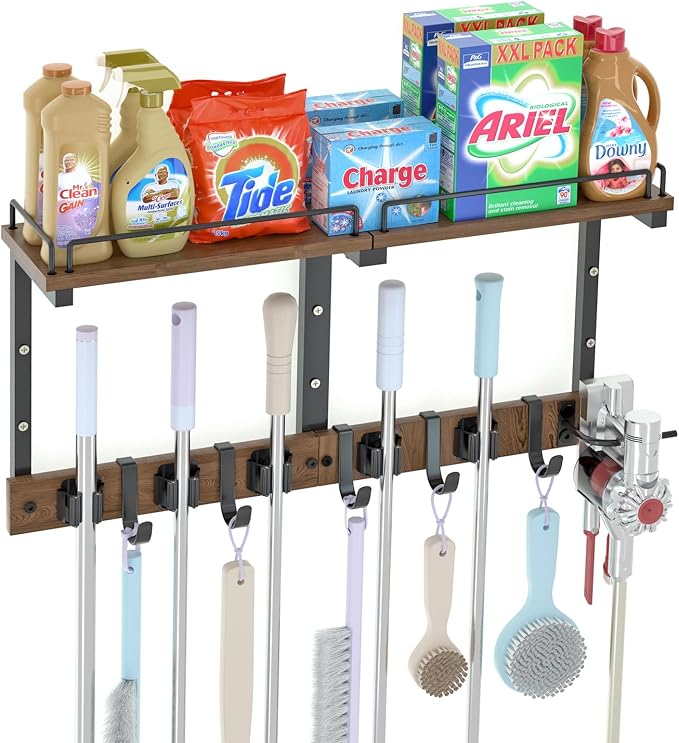 Mop Holder Wall Mount with Cleaning Supplies Organizer, Wood Mop and Broom Hanger Rack Organizer with Anti-Fall Wall Shelf with 5 Clips & Hooks for Garage Laundry Room Kitchen (Dark) by Casremee