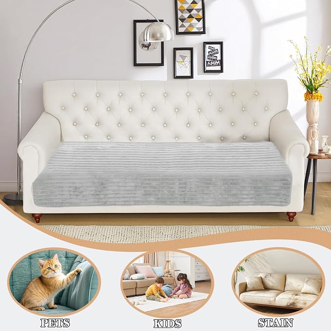 NAISI Couch Covers for Dogs Waterproof Flannel Striped Sofa Cover Pet Friendly Washable Dog Mat for Couch Anti Slip Sectional Sofa Slipcover Protector(1pc/35"x 94",Light Grey) - Image 2
