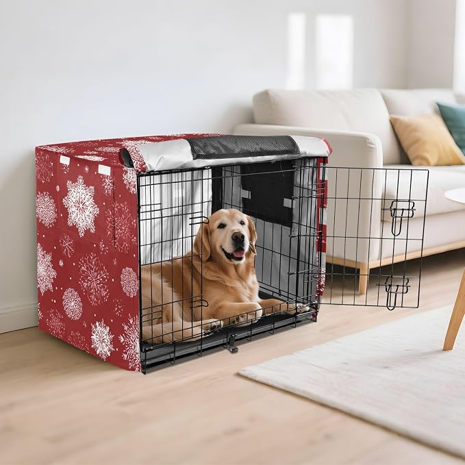 Dog Crate Cover Kennel Cover for Dog Cages Breathable for Wire Cage Indoor Outdoor Red Christmas Snowflakes - Image 6