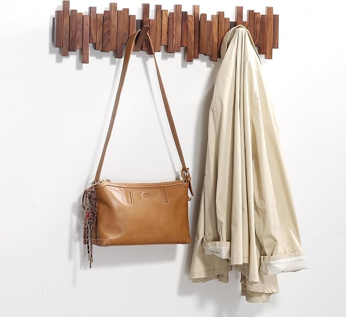 Coat Rack Wall Mount Piano Flip Down Wall Hook Rack 6 Hooks Walnut | Natural Wood Handmade Unique Hanger for Coats Bag Hat Umbrella key Wall Art In the foyer living room bedroom bathroom office - Image 3
