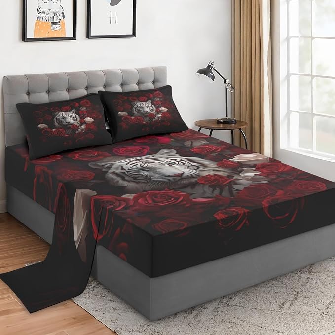 WeCozy Full Size Bed Sheet Sets with Pillowcases, White Tiger Animal 4 Pcs Soft Microfiber Bedding for Kids and Adults, Beautiful Red Rose Flower Flat, Fitted Sheet for Bedroom Bed Decor by WeCozyHomeDecor