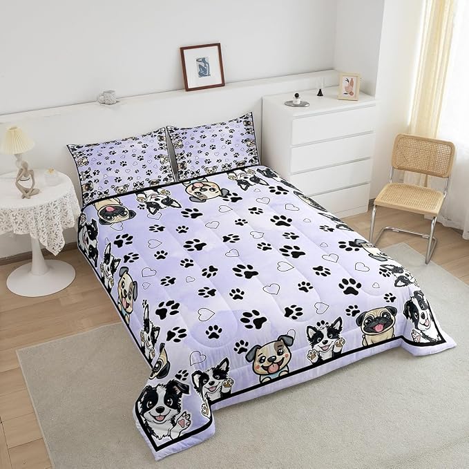 Manfei Cute Dog Paw Kids Comforter Set,Cartoon Puppy Pet Animal Lover Purple Bedding Set All Season,Kawaii Dogs Footprint Love Hearts Comforter 2 Pcs with 1 Pillowcase,Twin Size - Image 2