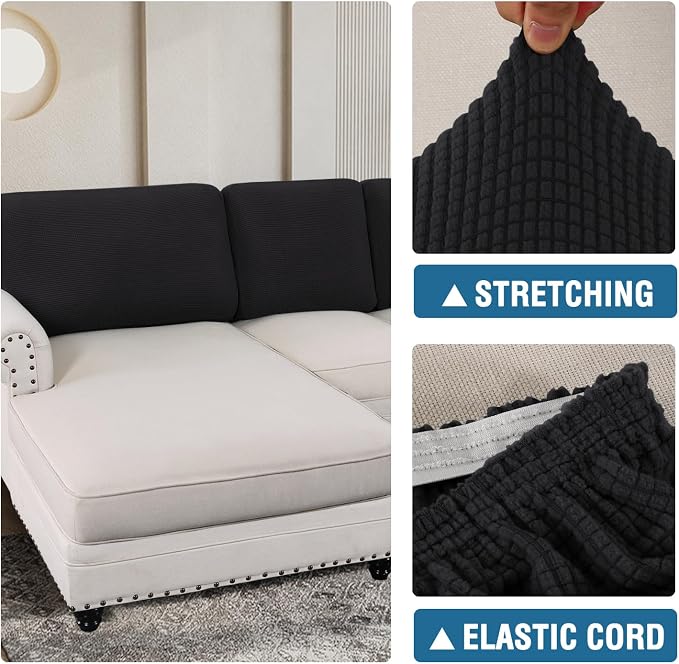H.VERSAILTEX Backrest Cushion Covers Sectional Couch Back Cushion Covers for Sectional Sofa Set for Both Left/Right Couch (Back Only: 1 Chaise + 2 Sofa, Black) - Image 6