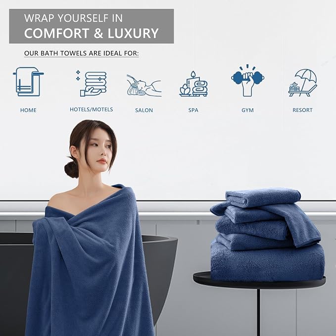 Extra Large Bath Sheet 4 Piece (35"x70")-Ultra Soft Oversized Bath Towel,Bath Sheet Towel Set for Bathroom Hotel,Highly Absorbent Quick Dry Shower Towel Set for Adults,Bathroom Towel-Navy Blue - Image 4