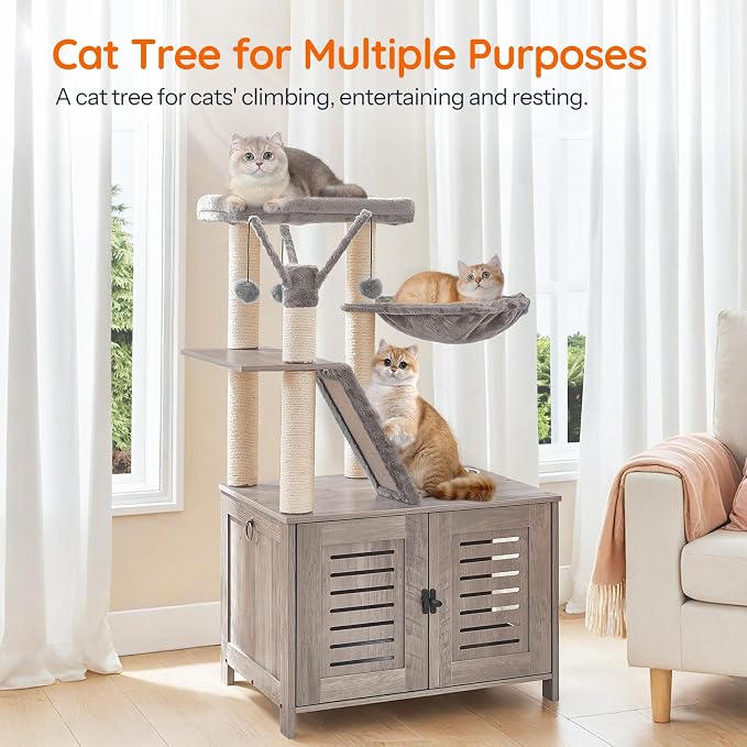 HOOBRO Cat Tree with Litter Box Enclosure, 44" Tall Wooden Cat Tower with Scratching Posts, Cat Hammock, Hidden Litter Box Furniture, All-in-One Indoor Cat Condo, Greige BG48MZ03 - Image 2