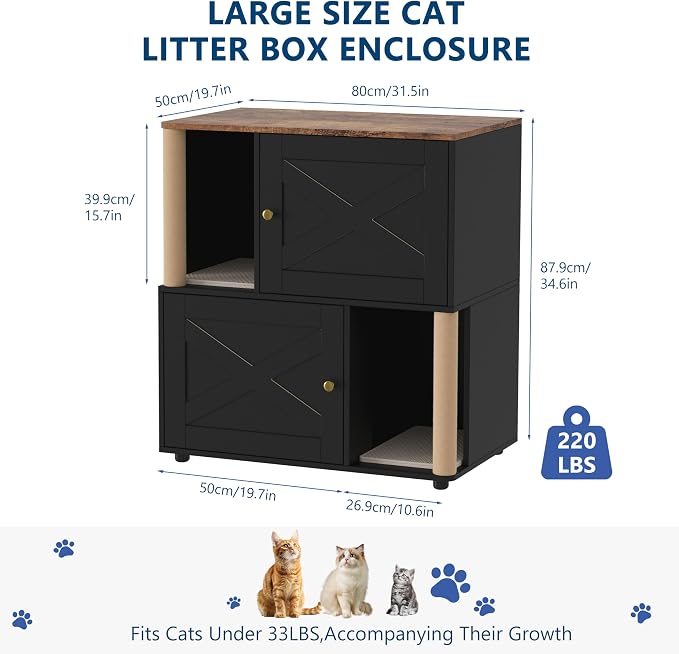 Litter Box Cabinet, Hidden Cat Litter Box Furniture with Dual Compartments, Odor Control & Scratch-Resistant Panels, Compact Enclosure for Multiple Cats, White Black Grey - Image 5