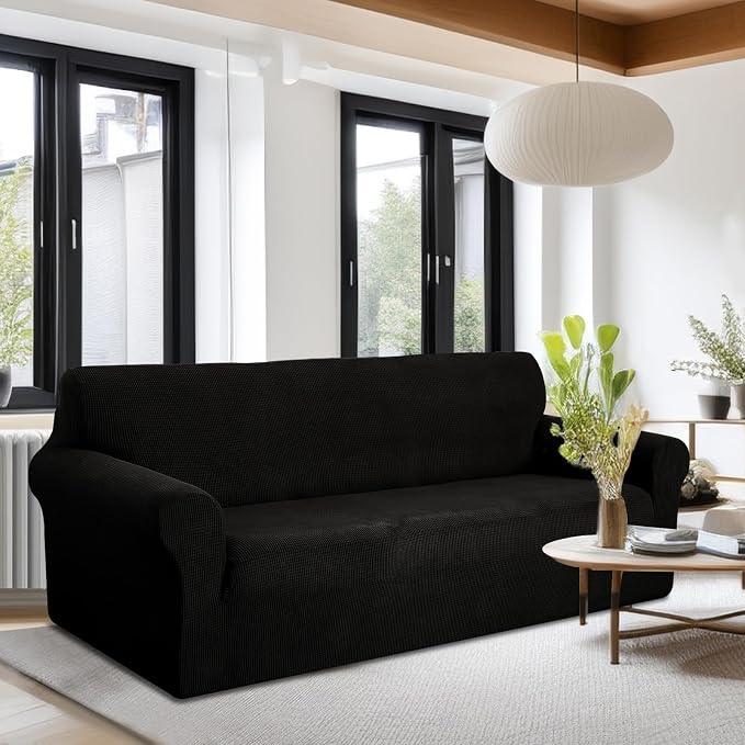 U-NICE HOME Oversized Stretch Couch Cover Slipcover, Black | 3 Cushion Sofa, 1-Piece Sofa cover, Washable, Pet friendly, Furniture protector, Polyester Spandex Jacquard fabric - Image 2