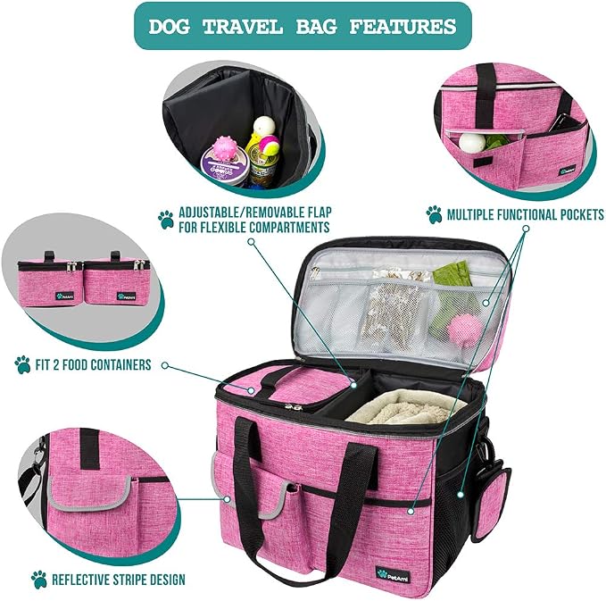 PetAmi Dog Travel Bag Organizer, Pet Travel Kit with 2 Food Containers & 2 Collapsible Dog Bowls, Pet Supplies Tote with Luggage Sleeve, Weekend Road Trip Camping Essentials, Pink, Medium - Image 4