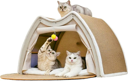 Cat Houses for Indoor Cats - Large Cat Bed Cave with Natural Sisal Cat Scratcher Mat, Solid Wood Frame Cat House with Curtains and Cat Floor Scratching Pad Rug, Protect Couch and Carpets, L by LUNNTEshoulderpads