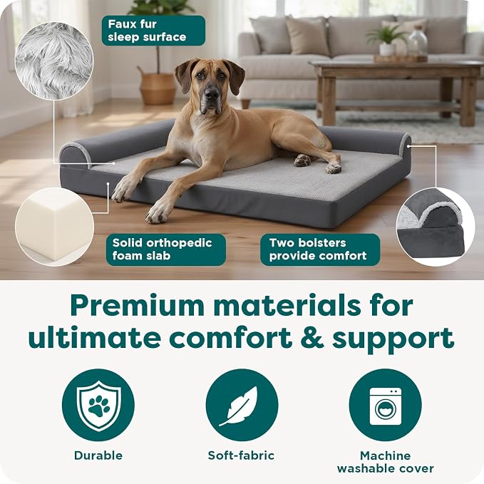 Furhaven Orthopedic Dog Bed for Large Dogs w/ Removable Bolsters & Washable Cover, For Dogs Up to 125 lbs - Plush & Velvet L Shaped Chaise - Deep Sapphire, Jumbo Plus/XXL - Image 5