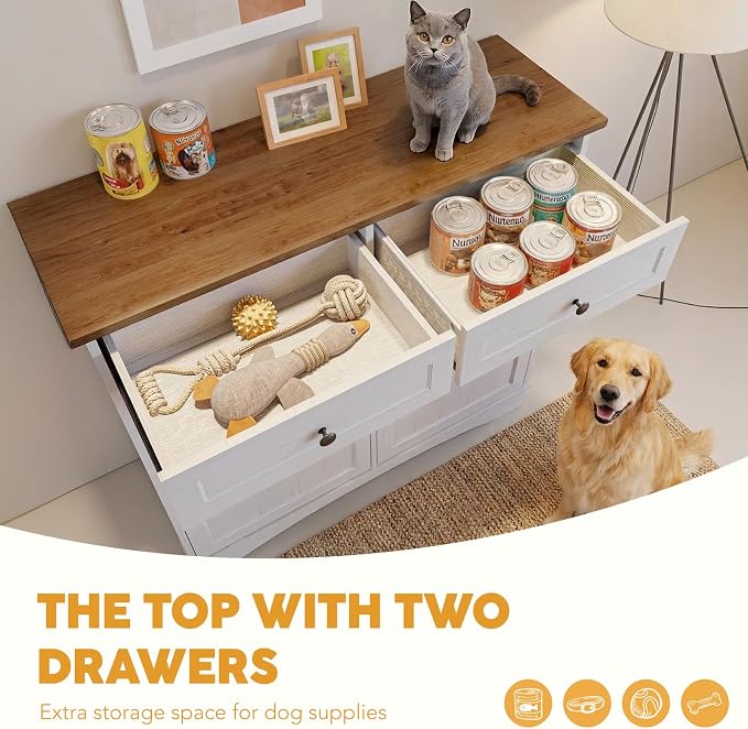 39.7’’W Dog Feeding Station, Tilt-Out Dog Food Cabinet for Multi-Pets, Pet Feeder Station with 4 Feeding Bowls, Dog & Cat Storage Organizer with Hanging Rod, (White, Dual Doors) - Image 4