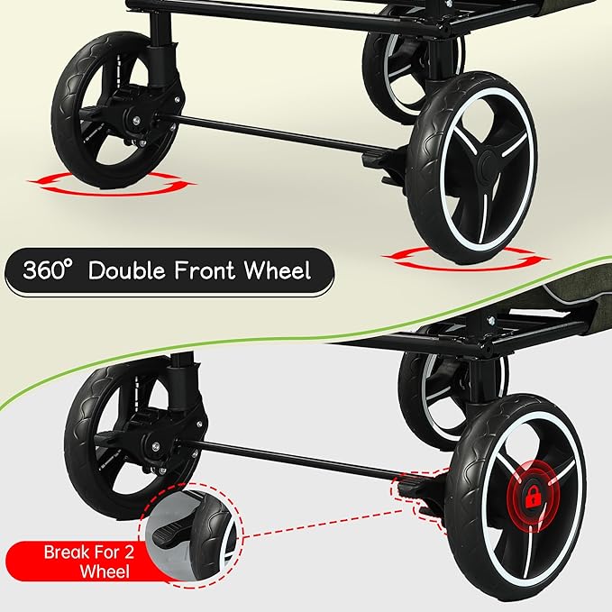 Pet Stroller for Dogs Cats up to 50 lbs, Foldable Dog Stroller with 360° Swivel Wheels, Detachable Carrier, Adjustable Handle, Travel Dog Stroller for Small Medium Large Pets, Green