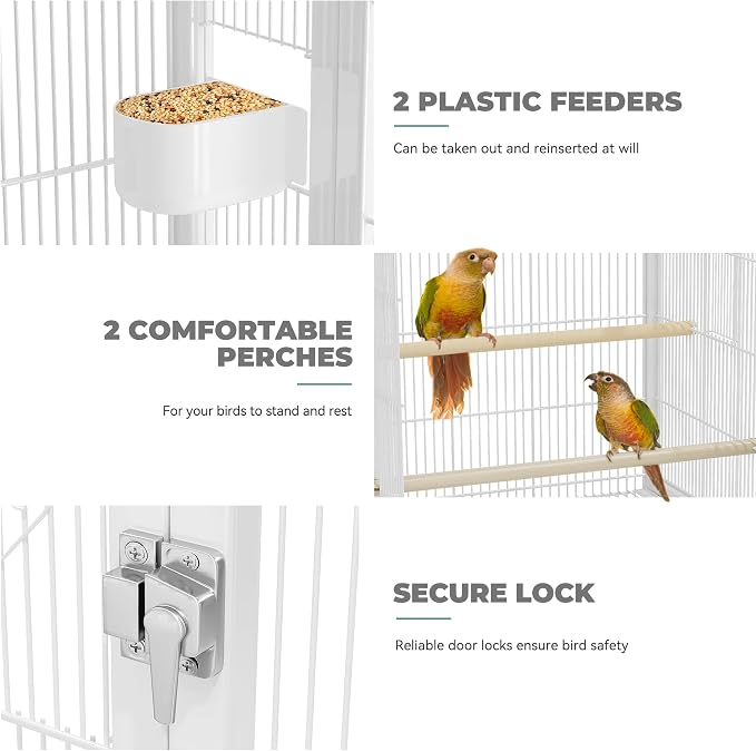 YITAHOME 41 inches Metal Bird Cage for Parakeets: Large Parrot Cages with Tray, Food Boxes, and Wooden Perches with Rolling Stand & Brakes for Lovebirds Cockatiels Pigeon Finches, White - Image 5